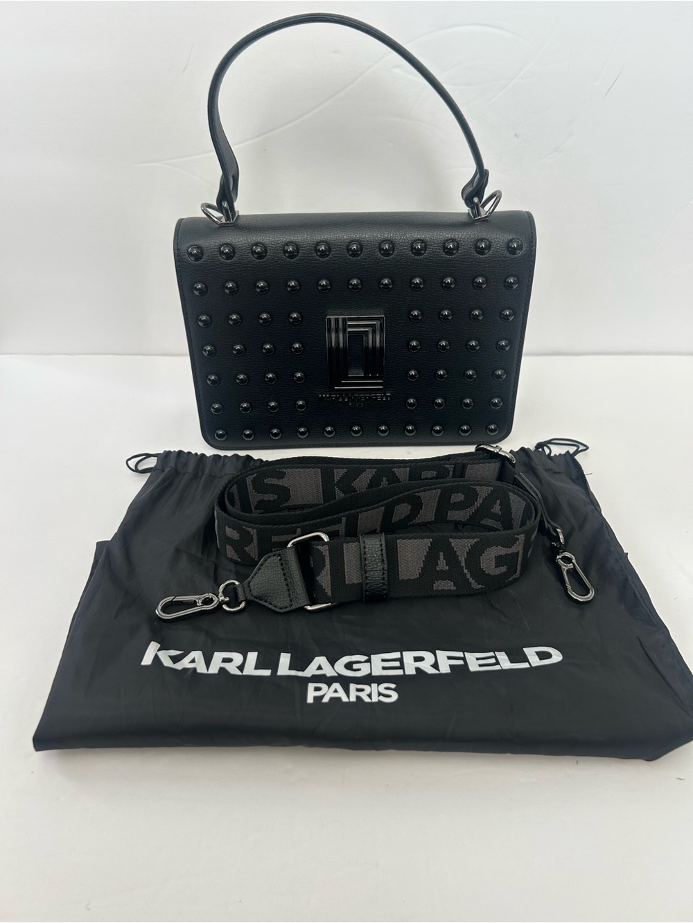 Karl Lagerfeld Simone Black Studded Satchel with Logo Guitar Strap